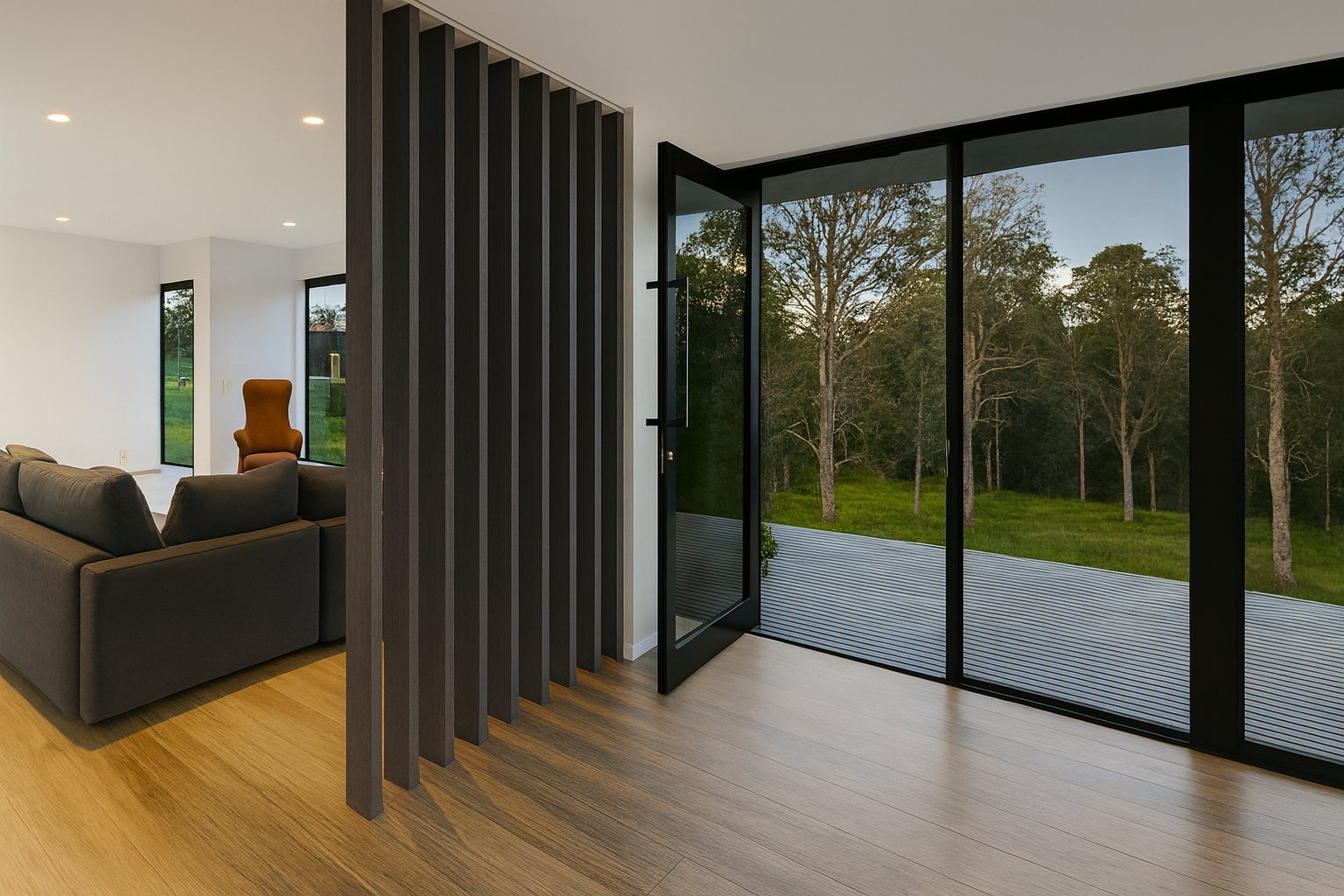 Modern living room with vertical slat room divider, gray upholstered furniture, wooden flooring, and large glass doors opening to tree-lined outdoor patio