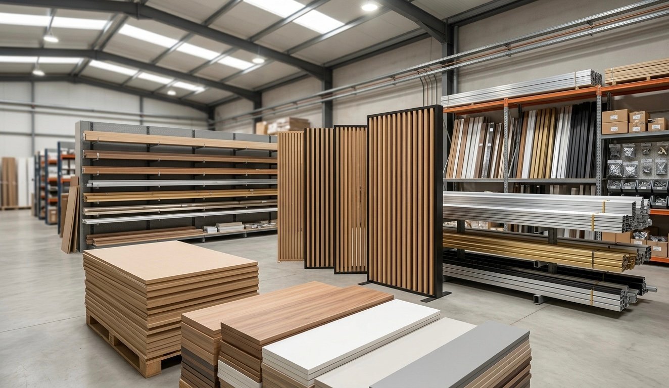 Large industrial warehouse showroom displaying wood flooring samples, panels, and tiles organized on shelves and display units