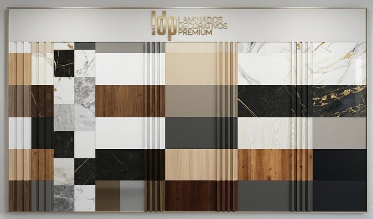 Wood flooring and premium material samples collection display showing various wood colors, finishes, and stone textures
