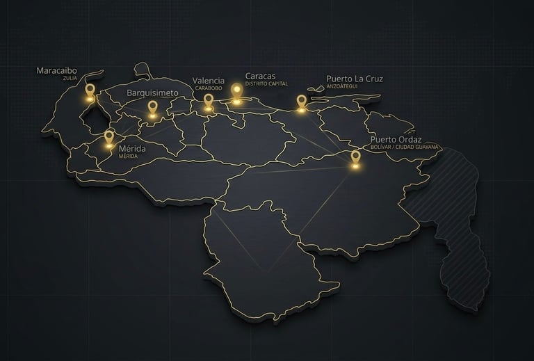 Map of Venezuela showing major cities marked with golden location pins on a dark background