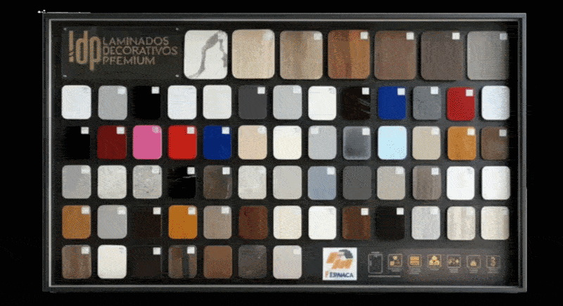 Color palette sample display for laminated decorative premium materials showing various wood and neutral tones