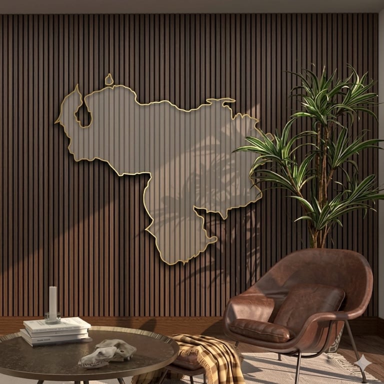 Modern interior with large map wall art of Venezuela, brown leather chair, round table with books, and potted plant against corrugated wall