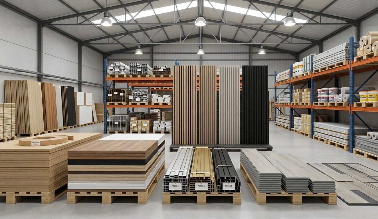 Interior warehouse showroom displaying flooring materials, wood samples, and finishing products on shelves and display stands