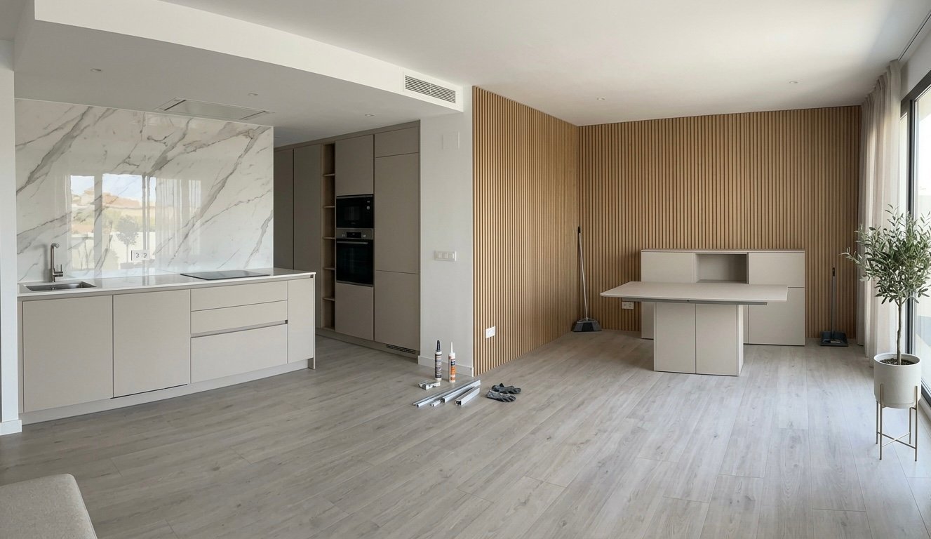 Modern open-plan apartment with white kitchen, wooden accent wall, light wood flooring, and minimalist furniture