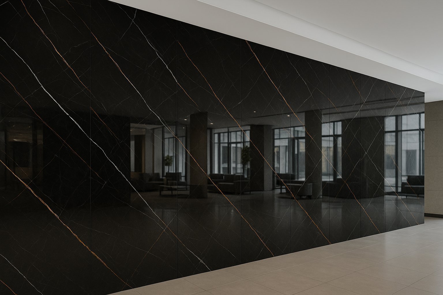 Modern office interior with sleek black marble walls featuring geometric line patterns and floor-to-ceiling glass partitions