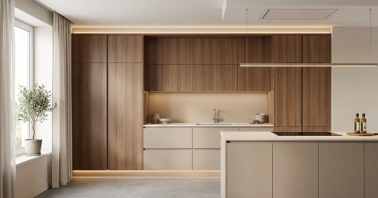 Modern kitchen with dark wood cabinetry, white countertops, and minimalist design with natural light from window