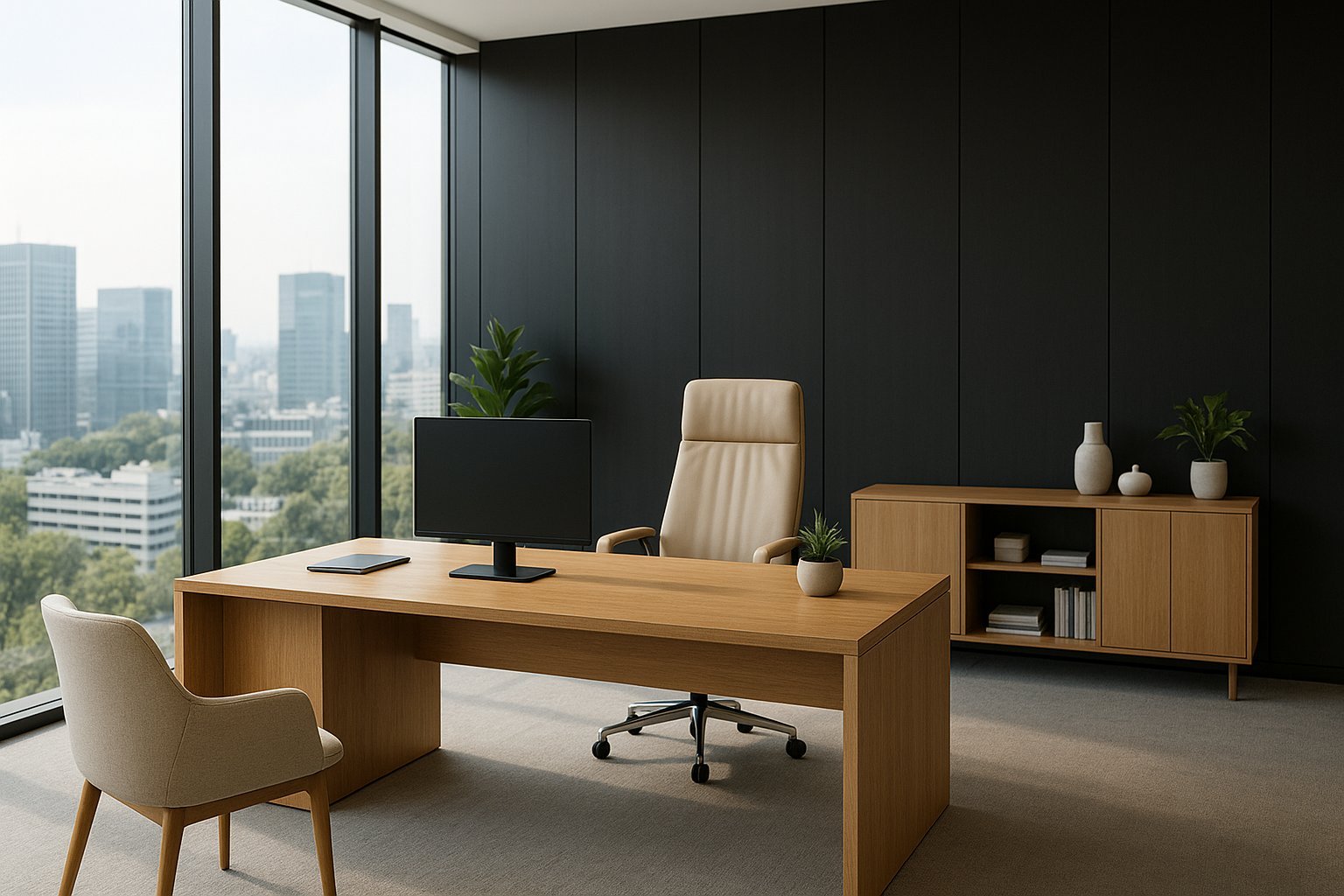 Modern office space with wooden desk, beige chair, black accent wall, and floor-to-ceiling windows overlooking a city skyline