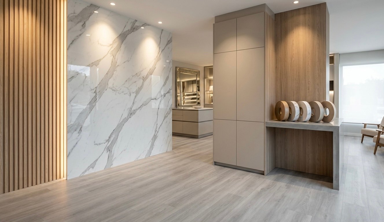 Modern luxury bathroom entry with marble walls, wood paneling, light wood flooring, and elegant vanity displays